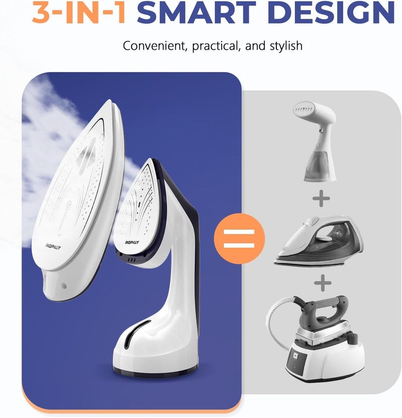 Ropilly Steamer for Clothes, 1600W 2-in-1 Steamer & Iron with Large Ceramic Plate, Powerful Turbo Steam, Smart Temperature Control, Auto-Off, Wrinkle Remover for All Fabrics - Image 4